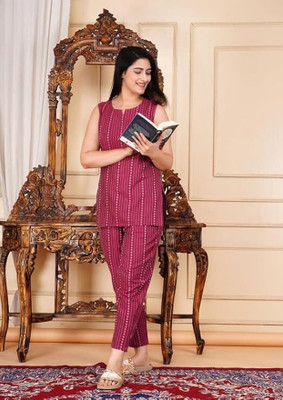 Priyansh Creations Women Striped Maroon Night Suit Set