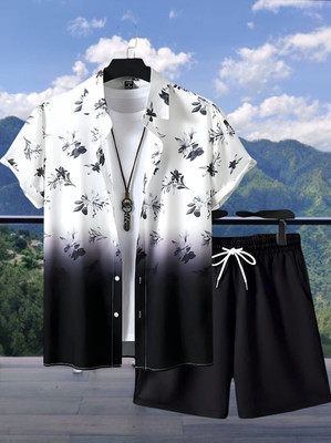 SHIVFORYOU Men Printed White, Black Top & Shorts Set