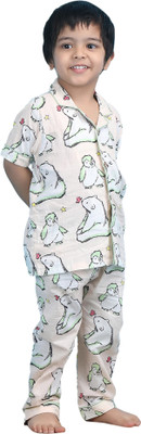 POLKA TOTS Baby Boys & Baby Girls Printed White Night Suit Set