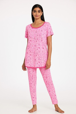 KLS Women Printed Pink Night Suit Set