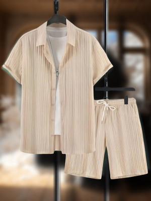 WELESHI Men Self Design Beige Top & Shorts Set