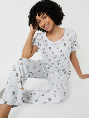 MAX Women Printed Grey Top & Pyjama Set