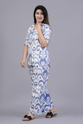 ARYAN TEXTILES Women Printed White, Blue Shirt & Pyjama set