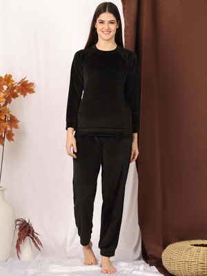 ETC Women Solid Black Night Suit Set