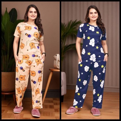FASHION GREAB Women Printed Beige Top & Pyjama Set