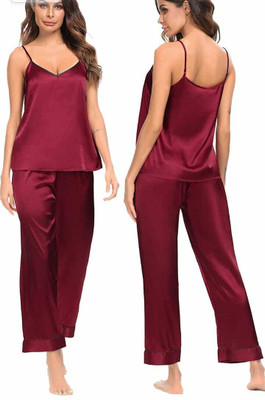 Cotovia Women Solid Maroon Top & Pyjama Set