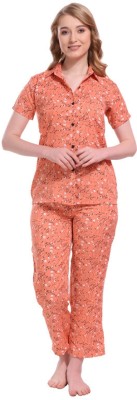 Brave One Women Printed Orange Shirt & Pyjama set