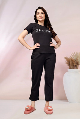 PTELRA Women Printed Black Night Suit Set