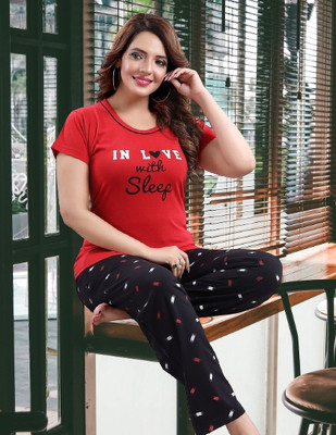 sham Women Printed Red Top & Pyjama Set