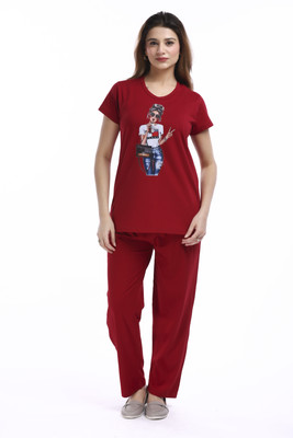 E-MAX Women Printed Maroon Top & Pyjama Set