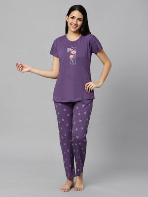 DZZO Women Printed Purple Top & Pyjama Set