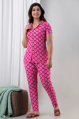 PINGALA Women Printed Pink Night Suit Set