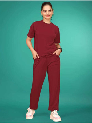 capasino Women Solid Maroon Top & Pyjama Set