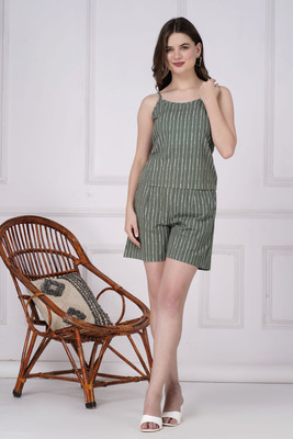 GORDHAN Women Geometric Print Green Top & Shorts Set