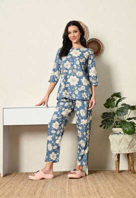 Soor Panchi Women Embellished Light Blue, Beige Night Suit Set