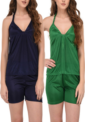 Pricha Women Solid Green, Blue Top & Shorts Set