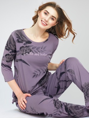 ZEYO Women Floral Print Purple Top & Pyjama Set