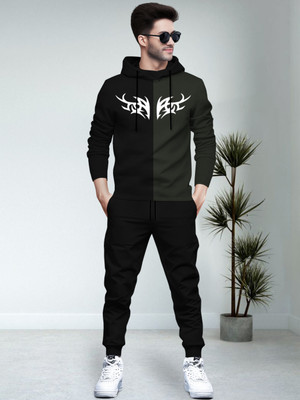 BLIVE Men Printed, Colorblock Black, Green Night Suit Set