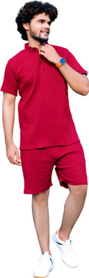 KRIVAFAB Men Solid Red Night Suit Set