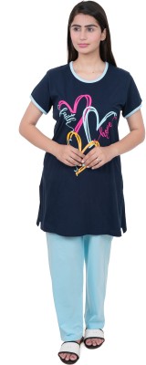 E-MAX Women Printed Dark Blue, Light Blue Top & Pyjama Set