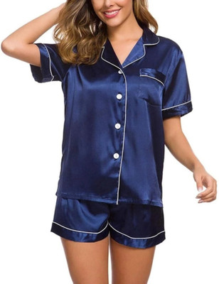 Vd hub Women Solid Dark Blue Night Suit Set