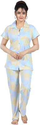 Qunity Women Printed Yellow Night Suit Set
