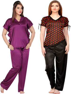ROWENA Women Polka Print Purple, Red Top & Pyjama Set