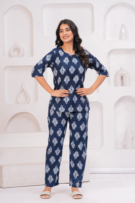 DEFINETREND Women Printed Blue Top & Pyjama Set