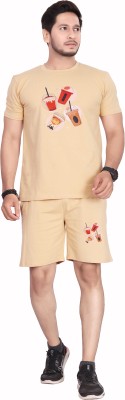 DivRa Clothing Men Solid Beige Top & Shorts Set