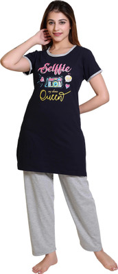 E-MAX Women Printed, Solid Dark Blue, Grey Top & Pyjama Set