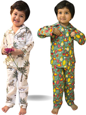 Tittertots Girls Printed Light Green, White Night Suit Set