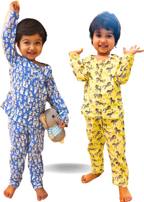 Tittertots Girls Printed Blue, Yellow Night Suit Set