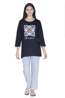 TVILLICK Women Printed Black Top & Pyjama Set