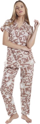 NIGHTVIEW Women Printed Beige, Brown Shirt & Pyjama set