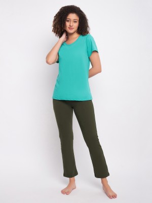 Clovia Women Solid Green Top & Pyjama Set