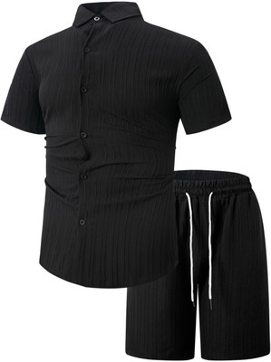 GLORI STAR Men Solid Black Top & Capri Set