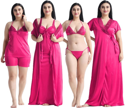 Nw Naughty Wish Women Solid Pink Night Suit Set