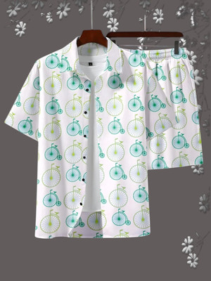 VYOMENTERPRISEE Men Printed Light Blue, Light Green Night Suit Set