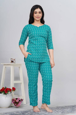 LUKI Women Printed Green Night Suit Set