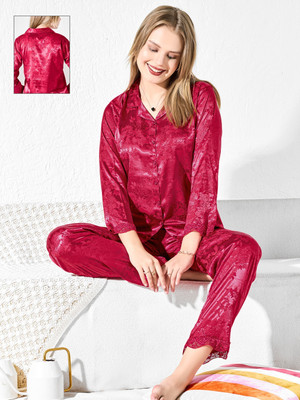 Kattly Women Printed Red Shirt & Pyjama set