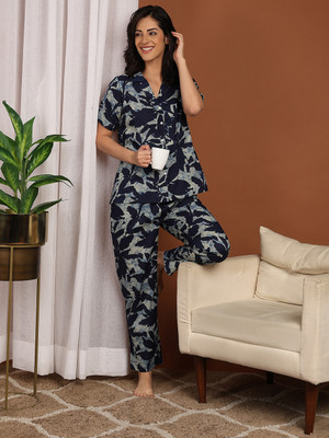 FUBAR Women Printed Dark Blue Night Suit Set