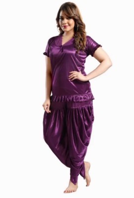 Mixopia Women Solid Purple Top & Pyjama Set