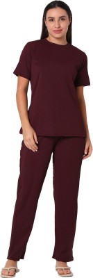 Smarty Pants Women Solid Maroon Night Suit Set