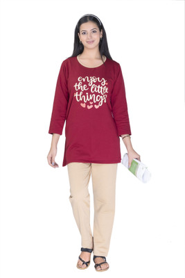 TVILLICK Women Printed Maroon Top & Pyjama Set