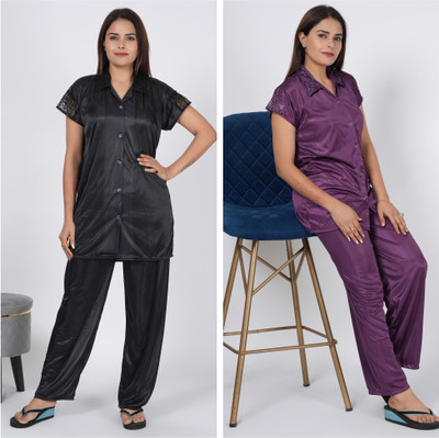 INSTRY Women Applique Black, Purple Night Suit Set