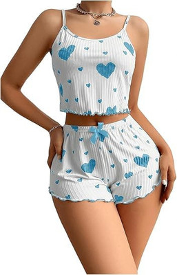 JustforWoow Girls Printed White, Blue Top & Shorts Set