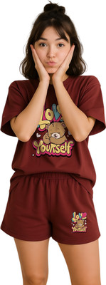 My Swag Women Printed Maroon Top & Shorts Set
