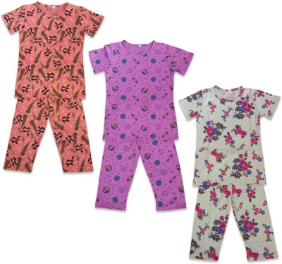 New Ladies Zone Kids Nightwear Girls Printed Cotton(Dark Blue Pack of 3)