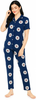 YOUSAFZAIHUB Women Solid, Printed Blue Night Suit Set