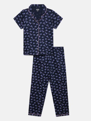 Mackly Girls Printed Dark Blue Shirt & Pyjama set